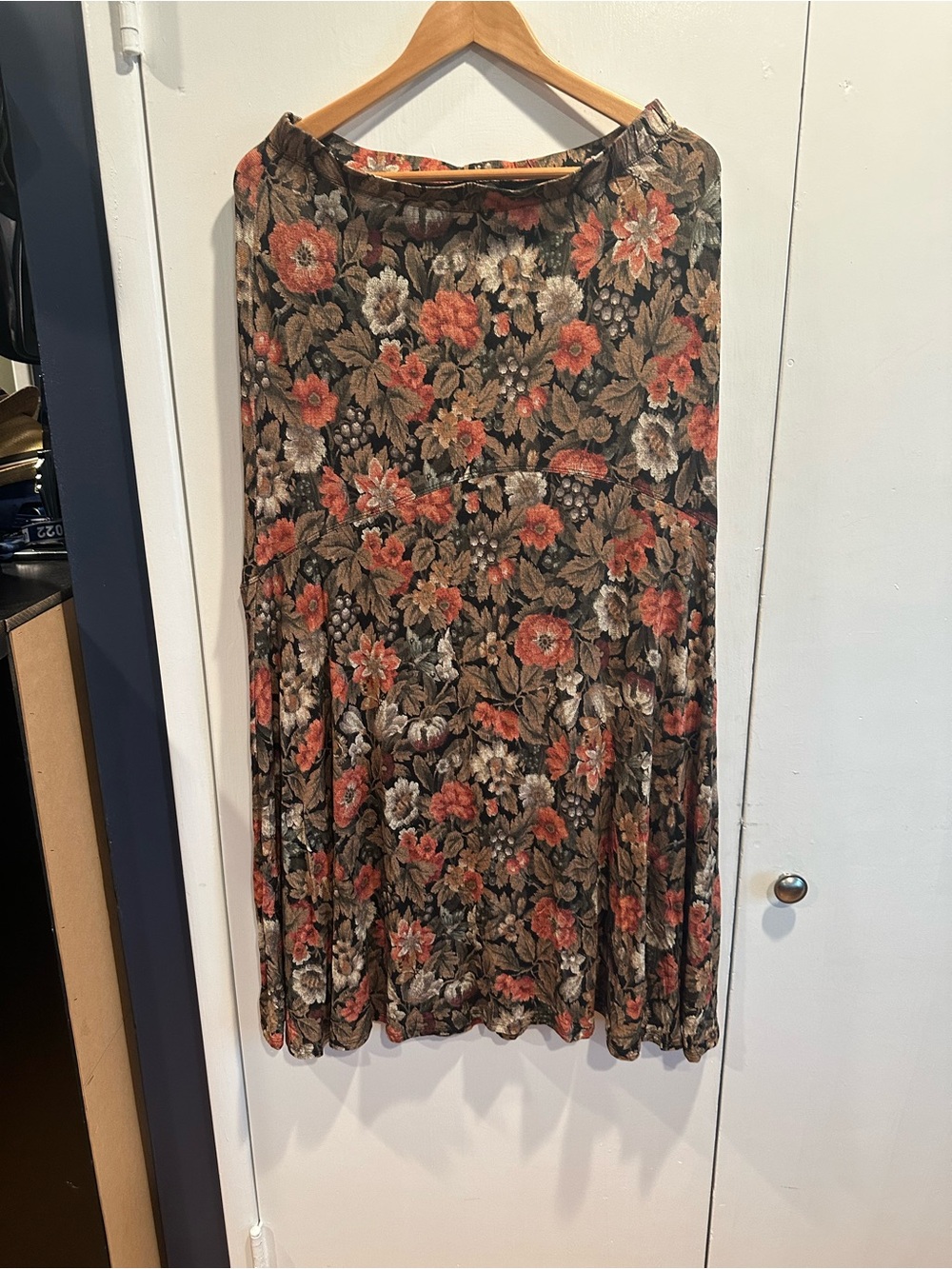 Peruvian Connection Floral Maxi Skirt in Olive Green and Coral